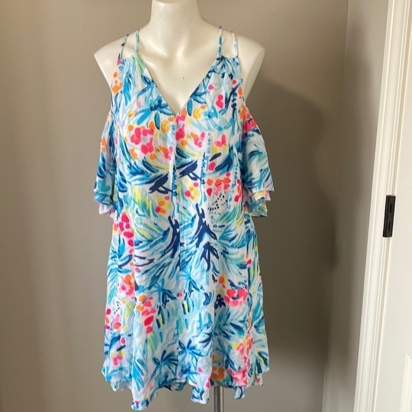 Lilly Pulitzer Bellamie Dress Serene Blue Tippy Top Sunny Shoulder Flowy Size XS - Picture 3 of 11